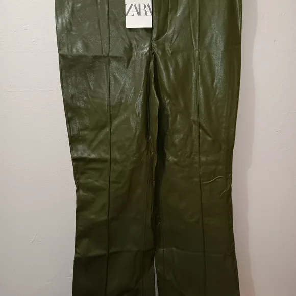 Zara Olive Green Faux Leather Pants - Picture 1 of 7